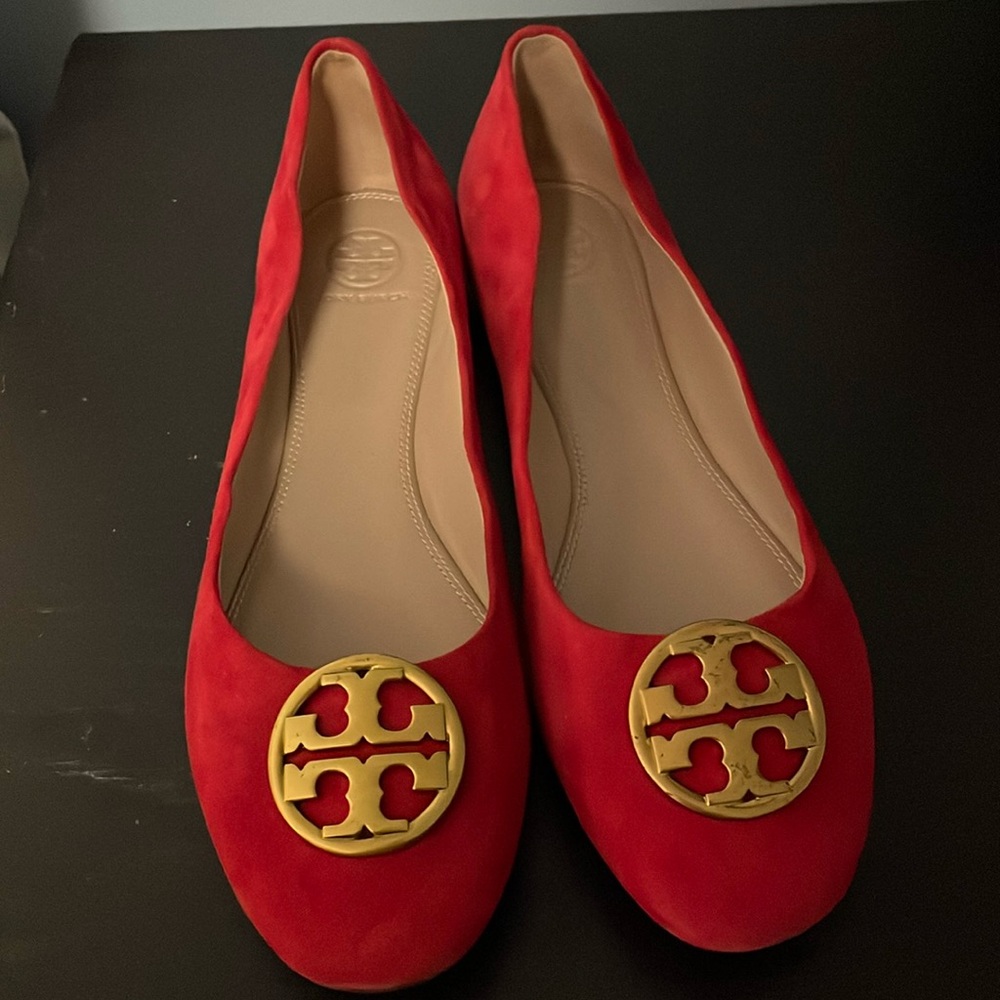 Tory Birch Chelsea Leather Ballet Flats Red Gold Size 8